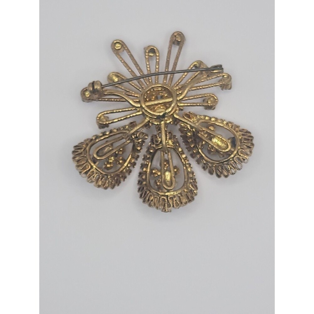 Vintage Brooch Starburst Blue Green Rhinestones Gold Tone Ornate Statement - Picture 9 of 16